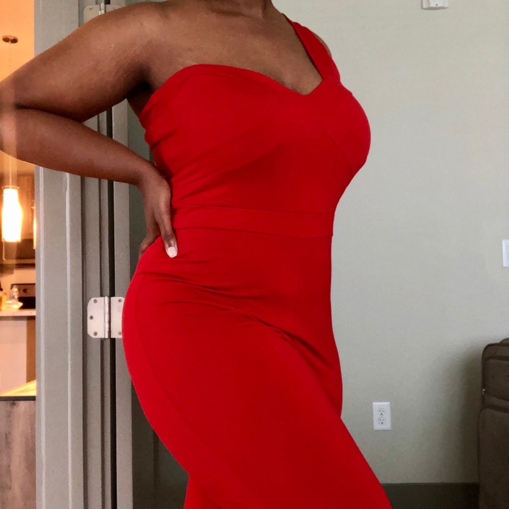 Red cropped one shoulder jumpsuit